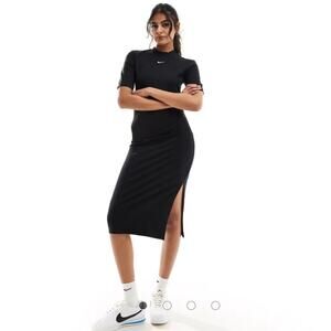 Nike Essential Midi Dress M Black Athleisure Maxi Side Slit Casual Center Swoosh